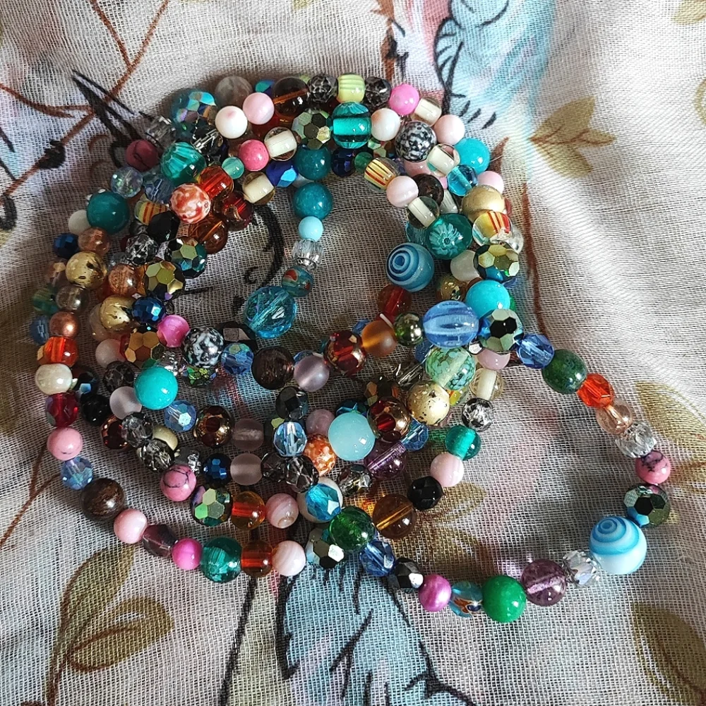 3 Pieces Set Faceted Art Glass Beads Vintage 2 Necklaces Bracelet Multi Colored